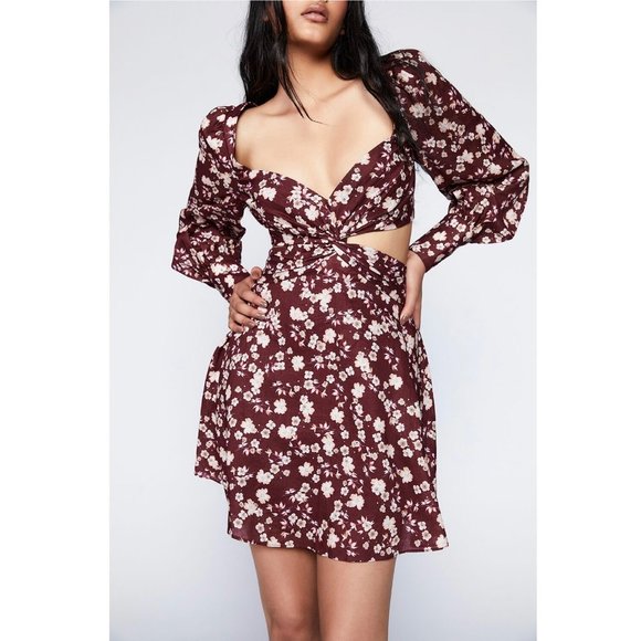 Bardot Women's Logan Maroon Floral Mini Dress Size 4 Long Sleeve Cutout Waist - Picture 2 of 12